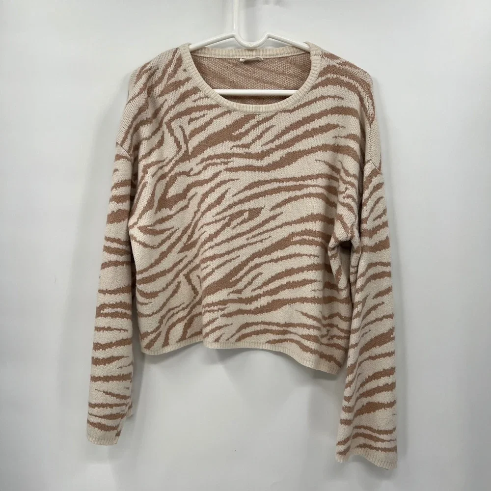 Storia‎ Small Zebra Print Sweater Womens Tan Cream Cropped Knit ST2859